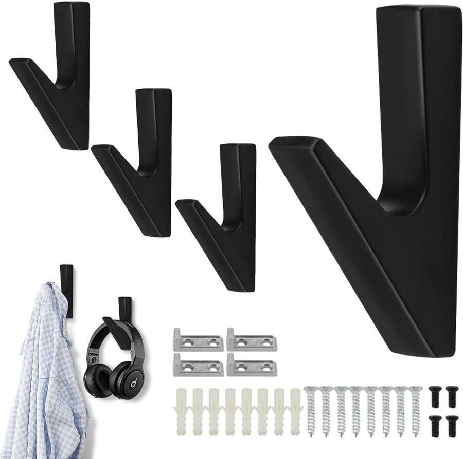 Allecto Plus Kledinghaken in zwart Set van 4 Voor garderobe en badkamer Handdoekhaken Om te boren Slaapkamer Deur Kast