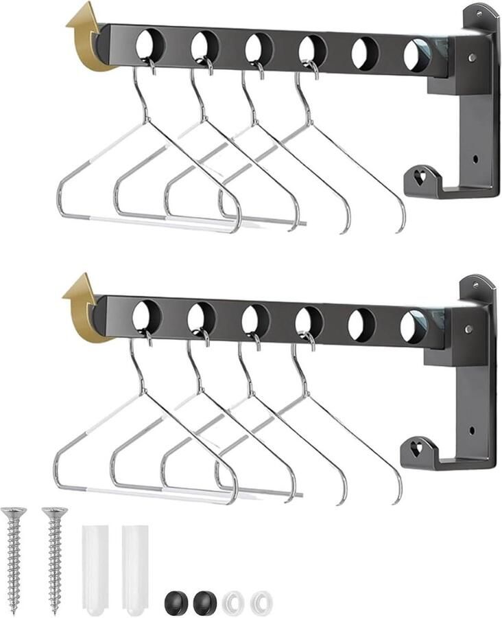 Allecto Plus Kledinghaken Oprolbaar 90° Draaibaar Kledingrek Muurhaken Kledinghanger Frame Garderobehaken Kledinglucht voor Balkon Wasruimte Badkamer (Zwart 2)
