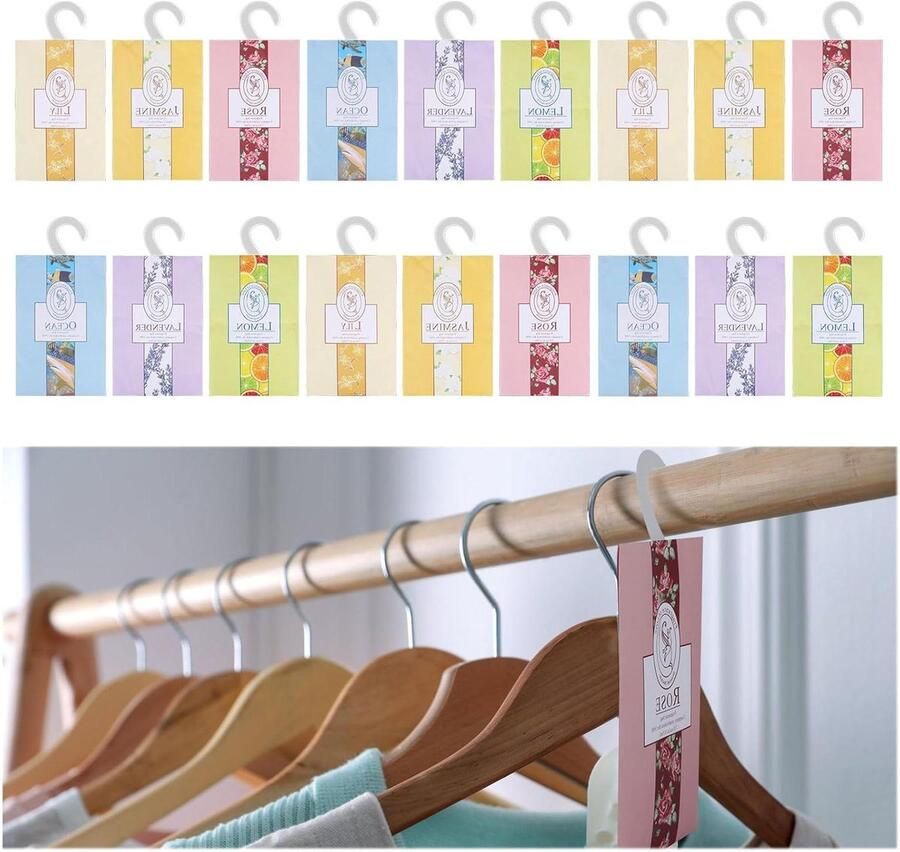 Allecto Plus Kledingkast Aromatherapie met 18 Stuks Geurzakjes Voor Luchtverfrissing en Geur in Kast en Schoenenrek met Lavendel Jasmijn Roos en Meer Hangende Geur Tas voor Garderobe