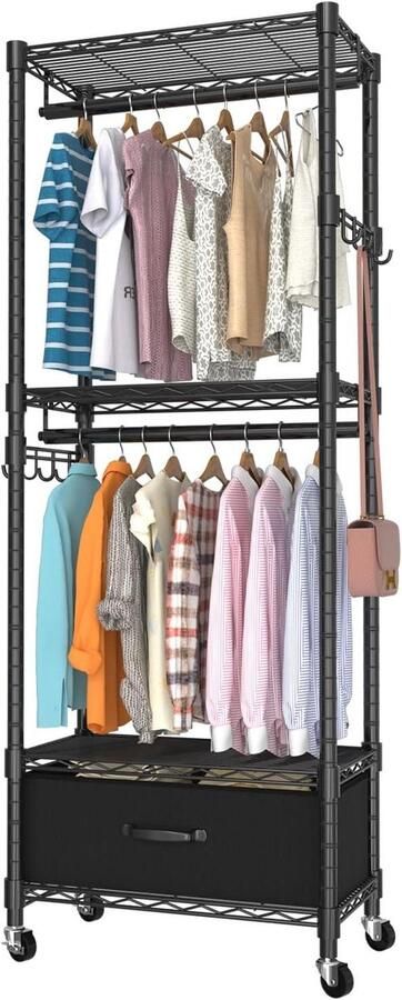 Allecto plus Kledingrek met 4 Niveaus Verstelbare Kastorganizer en Lade Dubbele Stangen Zijhaken Belasting 450 Lbs 13 18 D X 23 B X 78 74 H Opbergsysteem voor Hangende Kleding