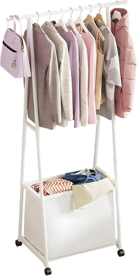 Allecto Plus Kledingrek met Wasmand en Wielen voor Hangende Kleding Mobiliteit Slaapkamer Wasruimte (Wit)