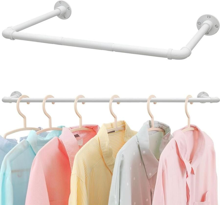 Kledingrek 119 cm gemonteerd aan de muur mat wit zwaar belastbaar industriële kleding opknoping rail metaal slaapkamer