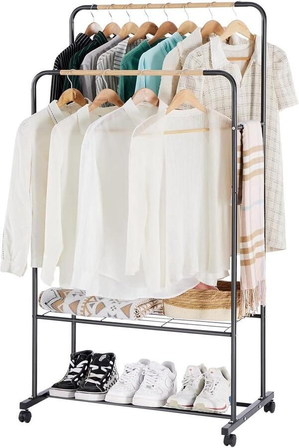 Allecto plus Kledingrek op wieltjes met dubbele stangen en planken Zwart Stabiele kapstok van metaal