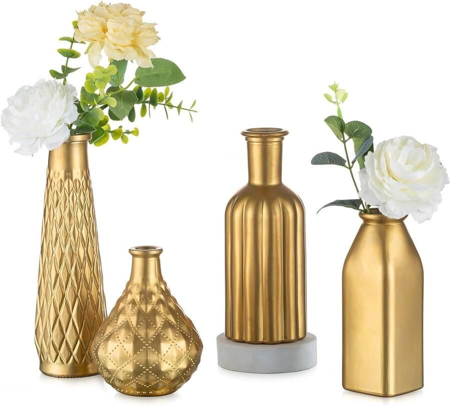 Allecto Plus Kleine Gouden Knopvaas Set van 4 Bloemen Tafel Decoratie voor Bruiloft Centrastukken Vintage Kristal Woonkamer Decor Decoratieve Accessoires Binnen