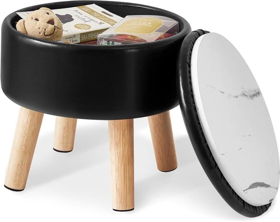 Allecto Plus Kleine Ottomaanse voetenbank voor 13 inch opslag ronde poef gewatteerde zitting houten poten PU kunstleer zwart woonkamer slaapkamer entree WBD023B