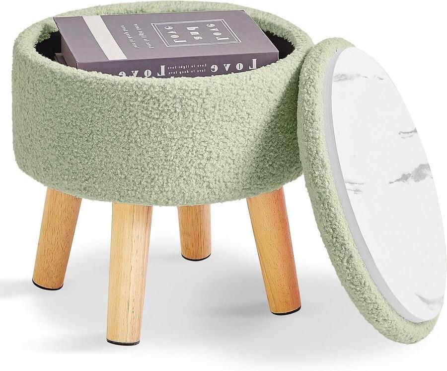 Allecto Plus Kleine Voetenbank 13 Inch met Opbergruimte en Teddy Fluwelen Zitting Groen Ideaal voor Woonkamer Slaapkamer en Entree