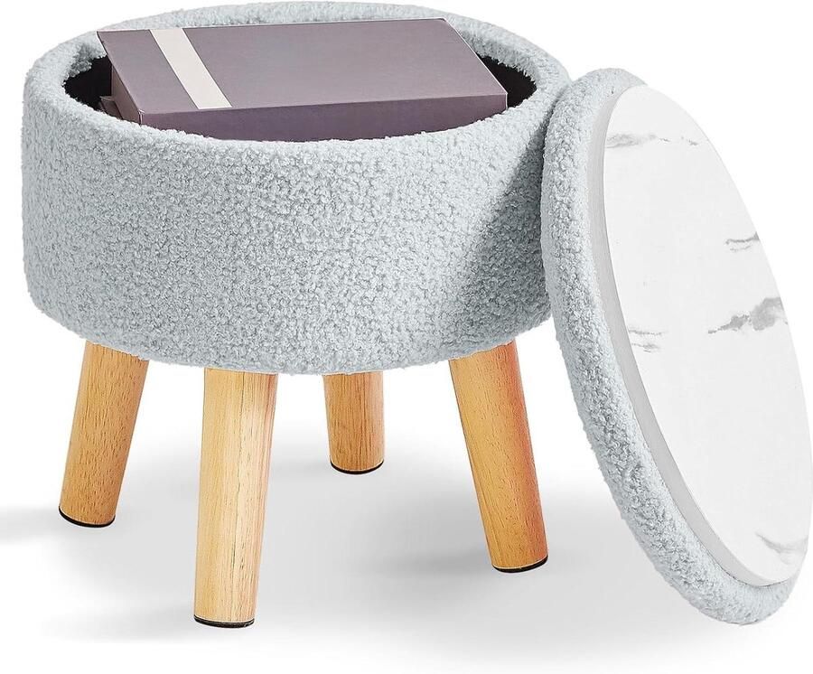 Allecto Plus Kleine Voetenbank 13 Inch met Opslag Teddy Fluwelen Ronde Poef met Gewatteerde Zitting en Houten Poten Mini-Voetenbank voor Woonkamer en Slaapkamer Grijs-blauw Entree Bank Praktische Voetsteun met Stijlvol Design