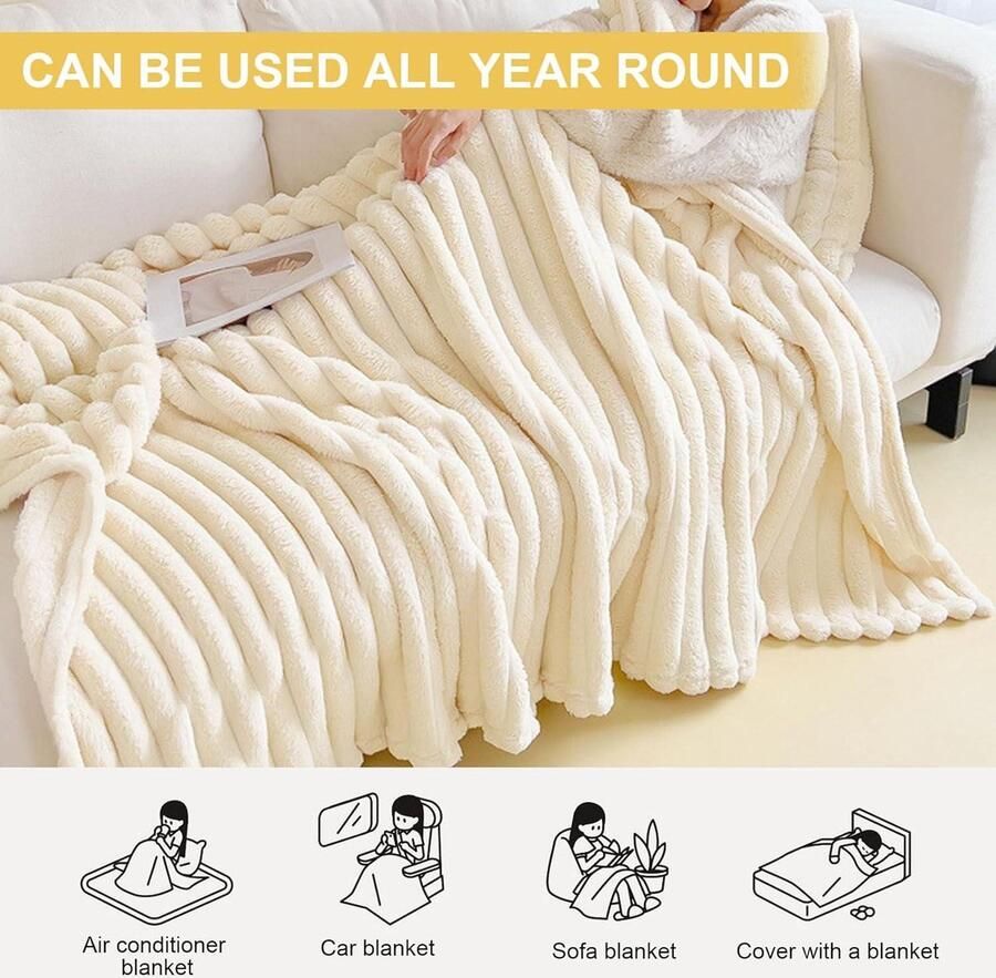 Wollig Melkachtig Wit Knuffeldeken 150 x 200 cm van Corduroy Stof- Comfortabele en Zachte Knuffeldeken voor op de Bank- Aangename Warmte en Gezelligheid met deze Knuffeldeken