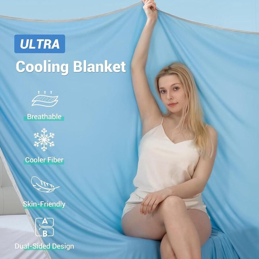 Allecto plus Koeldeken 220 x 200 cm voor zomer absorbeert warmte dubbelzijdige kinder- woon- bank- en reisdeken in blauw