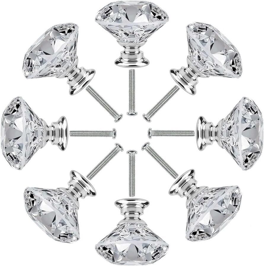 Allecto Plus Kristallen ladeknoppen set van 8 stuks voor meubels Decoratieve zinklegering knoppen met schroeven 30 mm kristalglazen handvat Geschikt voor kasten lades en kaptafels Meubeldecoratie met stijl