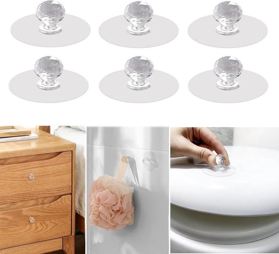 Allecto Plus Kristallen ladeknoppen zonder boren Transparant kristal Meubelknoppen voor laden en deuren Zelfklevende haken Meubelgreep Badkamer Set van 6 Decoratieve kastgreep