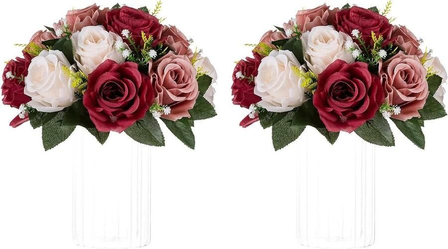 Allecto plus Kunstbloem Bal Centrepieces: 2 Stuks Bourgondië & Stoffige Roos & Roomwit Kunstbloem Ballen 24cm Zijden Roos Decoratie voor Bruiloft en Feestelijke Tafel Rozen Arrangement