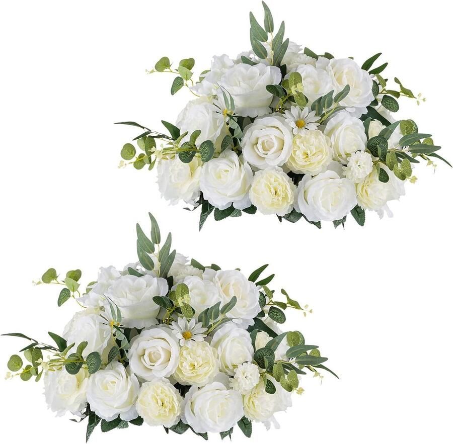 Allecto plus Kunstbloem Bal voor Bruiloft Decoratie 2 Stuks Grote Bloemen Boeket voor Tafel Witte Zijden Rozen Feest Versiering Bruiloft Middelpunt Ø 45 cm