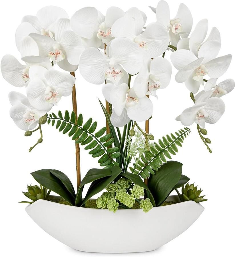 Allecto Plus Kunstbloem Orchidee 45cm Wit Zijden Orchideeën met Keramische Pot Nep Orchidee Arrangement voor Thuis Kantoor Kamer Salontafel Middelpunt Moderne Decoratie