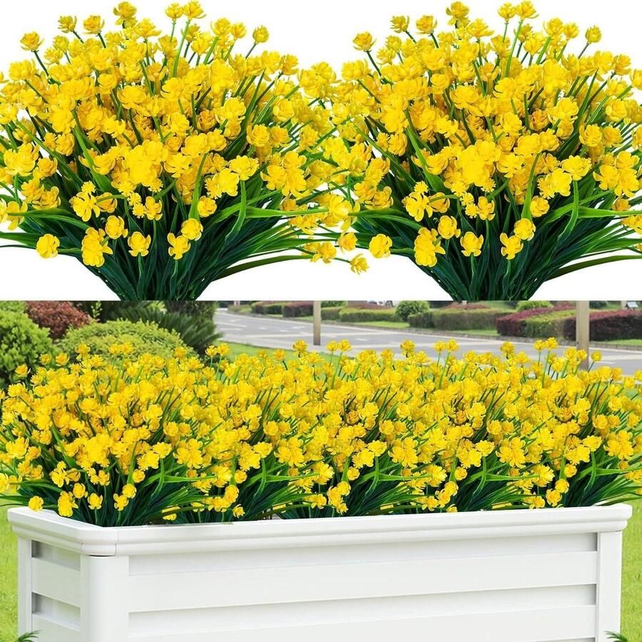 Allecto Plus Kunstbloemen 9 bundels voor binnen en buiten UV-bestendig Gele lente boeket decoratie voor huis tuin kantoor keuken Tafel middenstukken