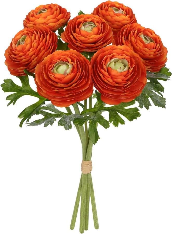 Allecto Plus Kunstbloemen Boeketten 34 cm met 7 Koppen Faux Ranonkels Zijden Bloemen Oranje Nep Ranonkel Stelen Kunstbloemen Voorjaarsarrangementen voor Tafel Thuis Bruiloft Feest Bruidsdecoraties