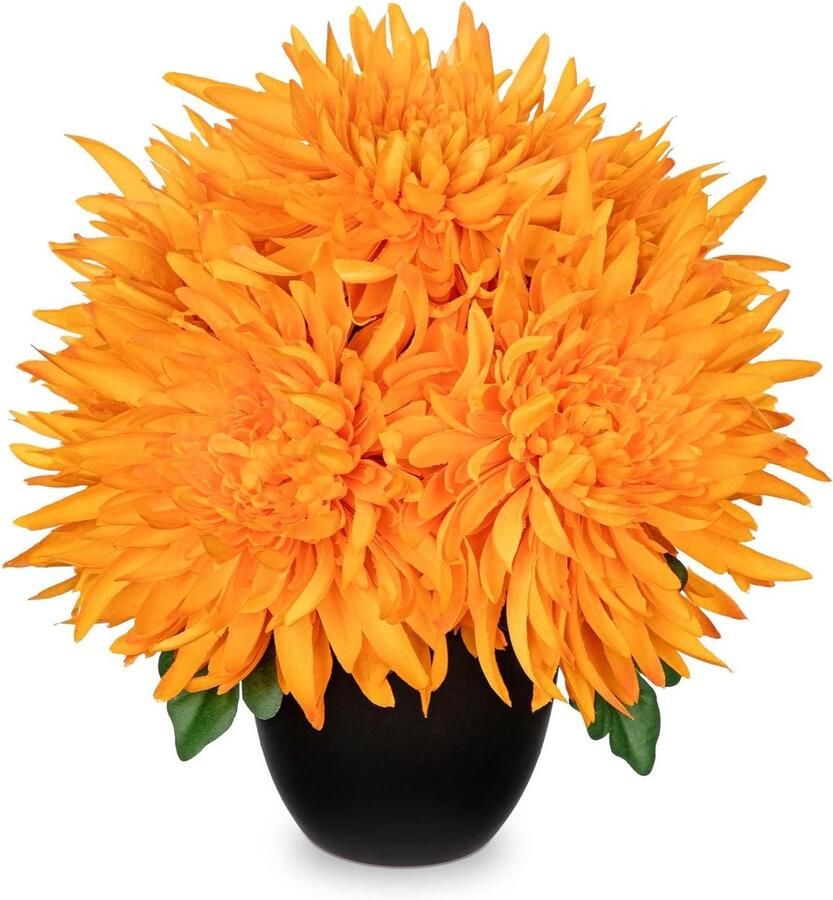 Allecto Plus Kunstbloemen Chrysanthemum 5 grote zijden bloemen in zwart potje Oranje Nepbloemen voor flora arrangement Thuis kantoor badkamer plank tafel Decoratie centerpiece