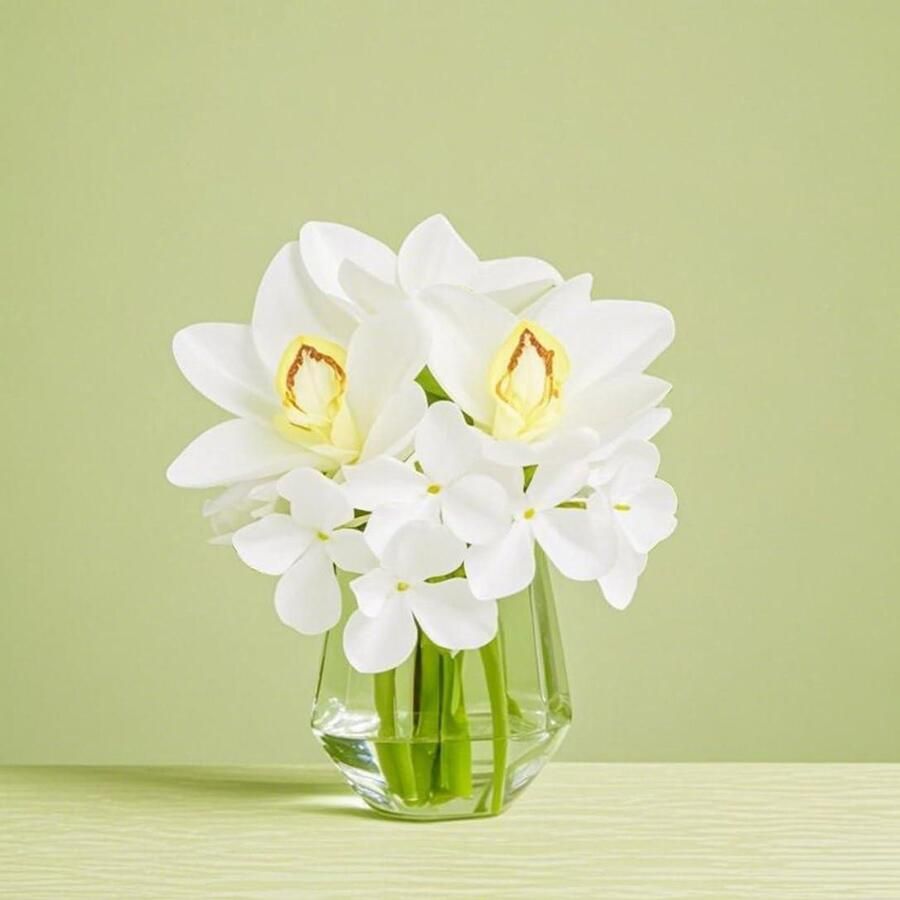 Allecto Plus Kunstbloemen in Real Touch Zijde Vaas Arrangement Thuis & Kantoor Decoratie Glazen Vaas Badkamer & Tafel Decor Bruiloft Middelpunt