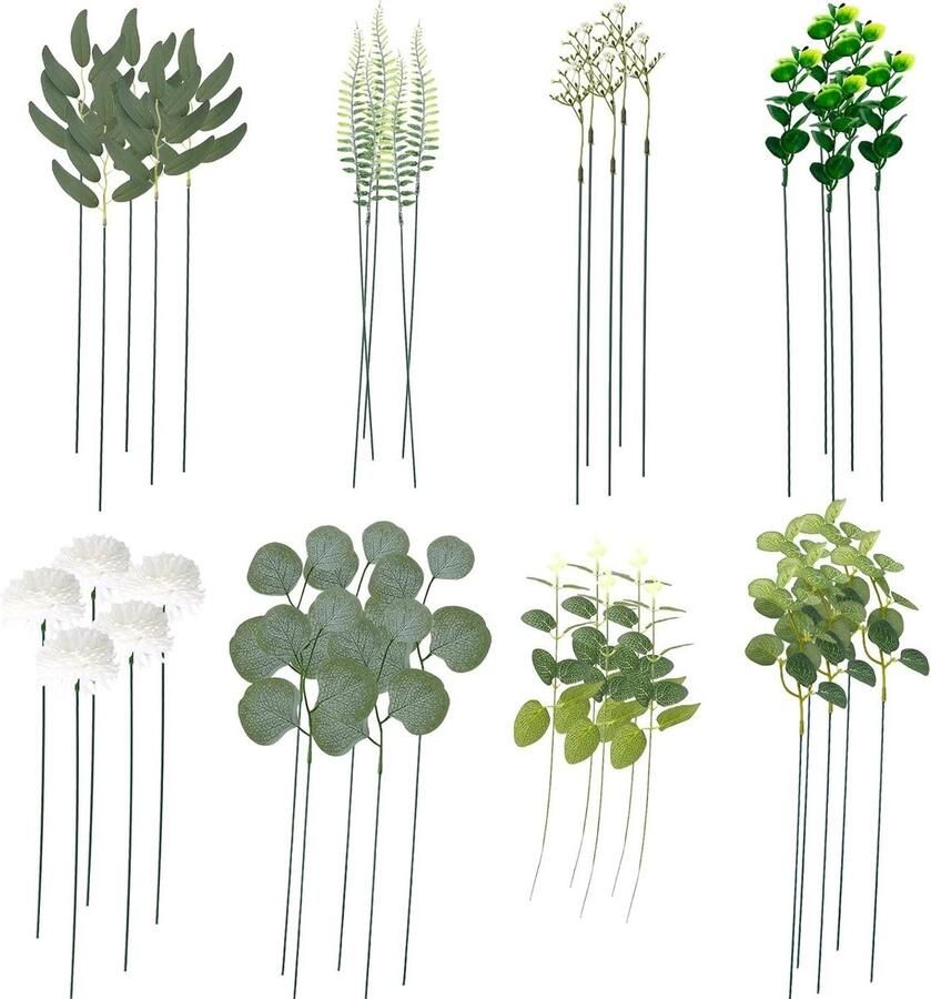 Allecto plus Kunstbloemenboeket met 8 soorten levensechte bloemblaadjes Witte en groene tinten Binnendecoratie voor tafels kamers en winkels