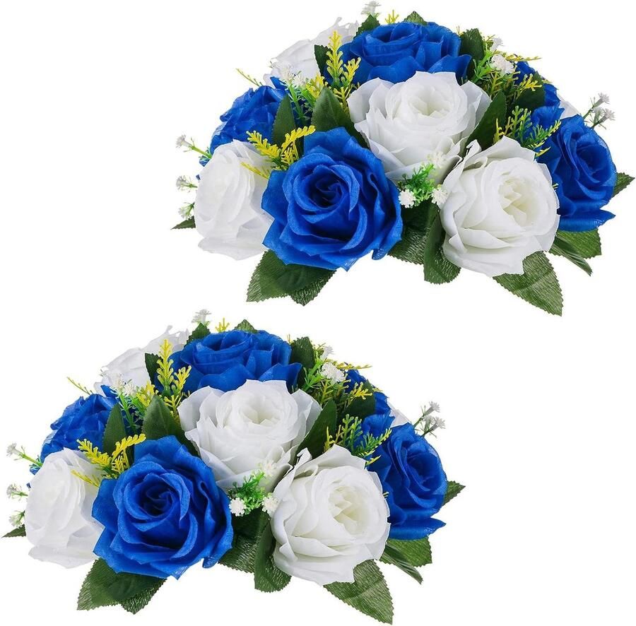 Allecto Plus Kunstmatige Bloem Bal Centrepieces 2 Stuks Koningsblauw & Wit 24cm Diameter Zijde Rozen Bruiloft Tafel Decoraties