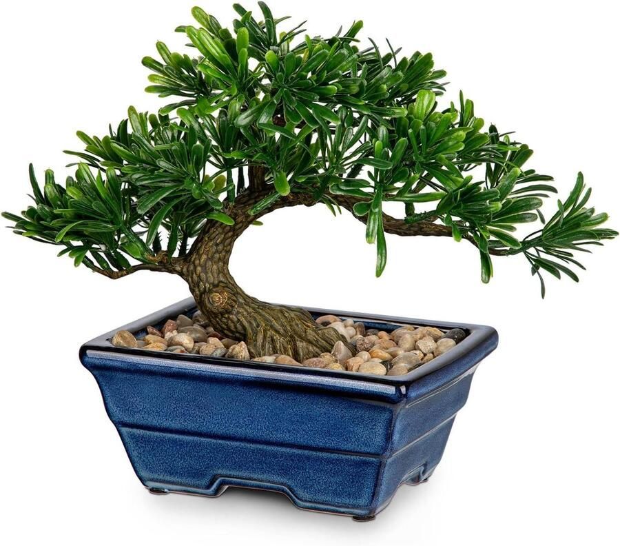 Allecto Plus Kunstmatige bonsai boom juniper kunstplanten binnen kleine nepplanten decoratie met blauwe keramische potten voor thuis tafel kantoor bureau badkamerplank slaapkamer woonkamer boerderijstijl