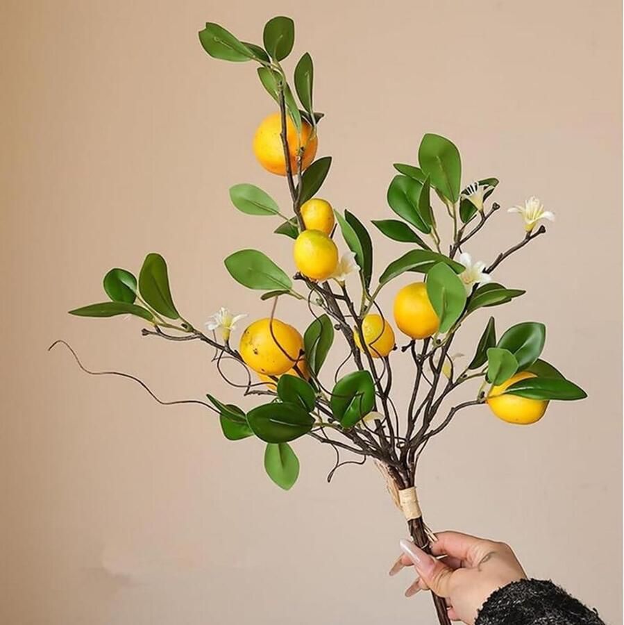 Allecto Plus Kunstmatige citroenen takken decoratie 8 stuks faux citroenen boerderij stijl tafel middelpunt woondecoratie citroen decor met groen blad