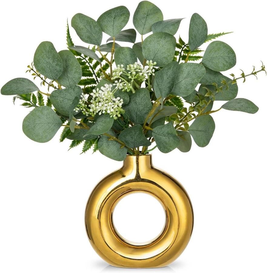 Allecto Plus Kunstmatige Eucalyptus in Vaas Decoratieve Doughnut Vaas met Groene Eucalyptus Kunstplanten in Keramische Vaas Tafel Decoratie