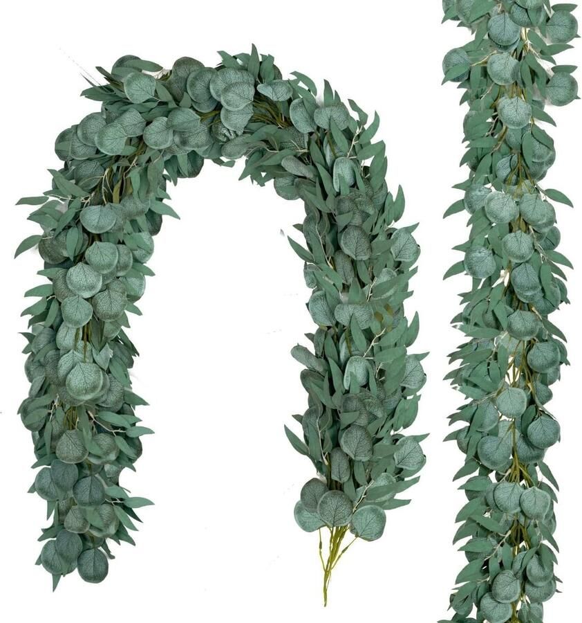 Allecto plus Kunstmatige Eucalyptus Slingers voor Bruiloft Decoratie Set van 2 15 Voet Lang Nep Bladeren Tafel Achtergrond Boog Muur Deuropeningen Decoratie