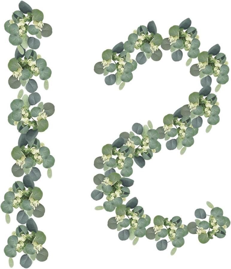 Allecto Plus Kunstmatige eucalyptusslinger (2 stuks) 15 meter faux zilveren dollar eucalyptus bladeren wijnstokken met witte zaden nep hangend groen voor bruiloft boog achtergrond muur tafel