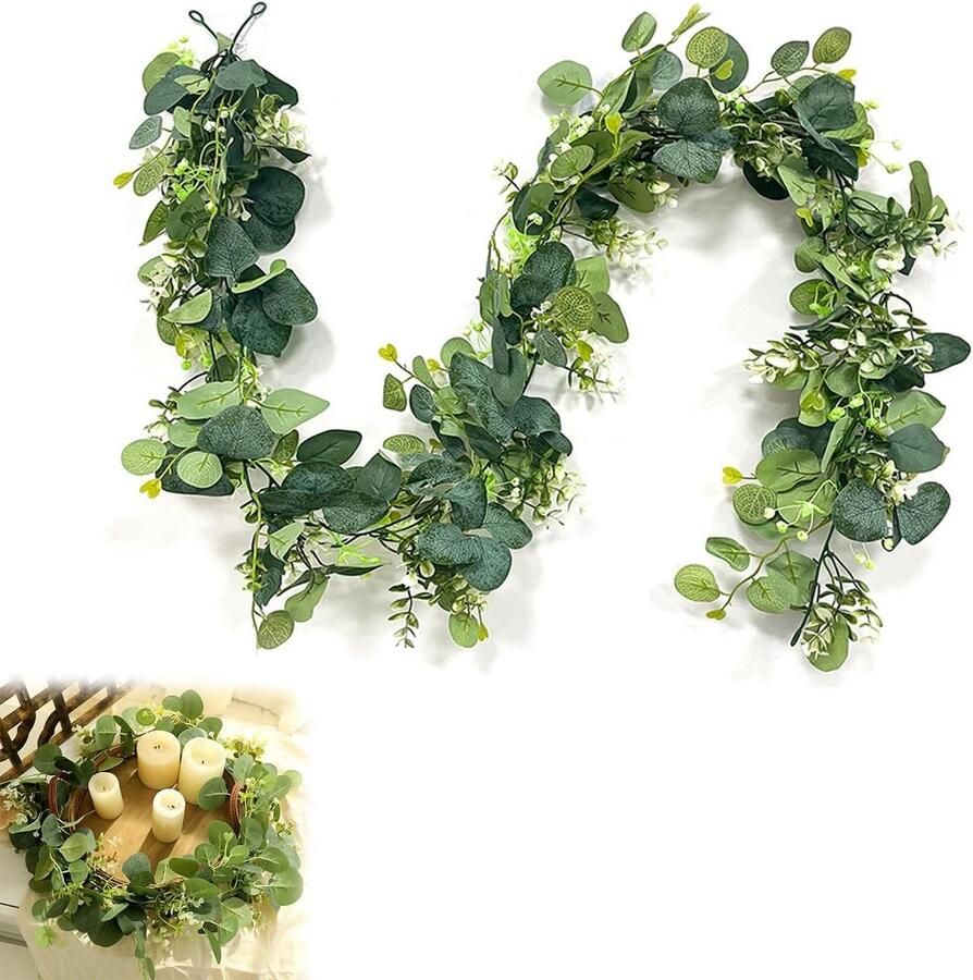 Allecto Plus Kunstmatige Eucalyptusslinger voor Bruiloft en Tuin Groene Kunstplanten Decoratie voor Bogen en Tafels Binnen en Buiten Gebruik Eucalyptusbladeren Wijnstok 80 cm