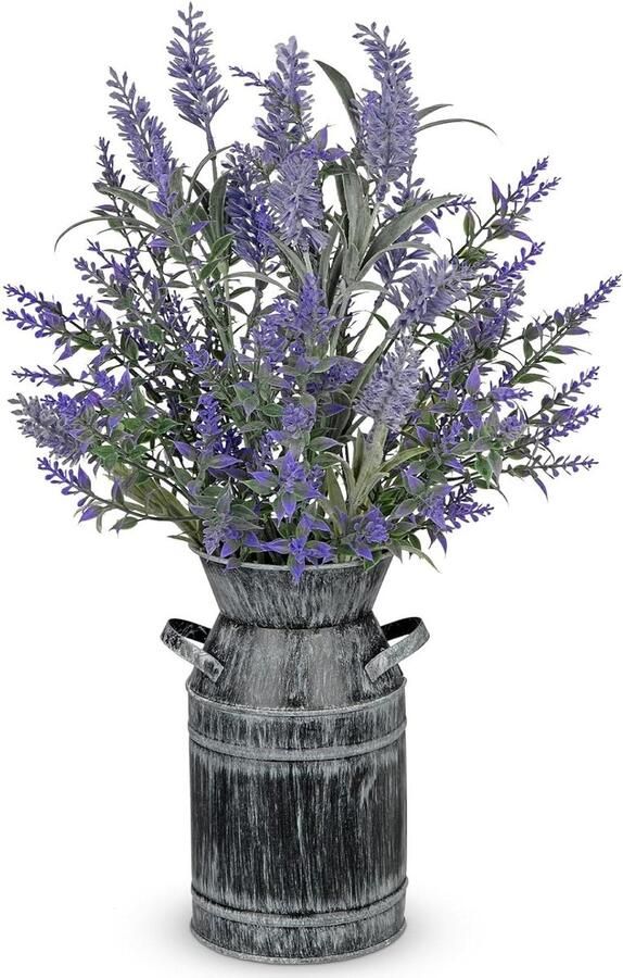 Allecto Plus Kunstmatige lavendelplanten in rustieke metalen vaas 45 cm hoog nep lavendel vintage gegalvaniseerde plantenbak paarse nepbloemen tafel centerpieces decoratie boerderij keuken sfeervolle bloemen