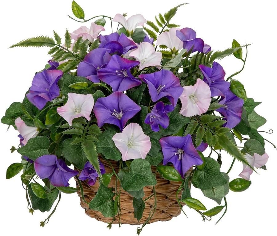 Allecto Plus Kunstmatige Morning Glory Planten in Geweven Potten 10 6 Inch Paarse Kunstbloemen voor Binnen Nep Lente Bloemen voor Thuis en Bruiloft Decoratie voor Raam Bank