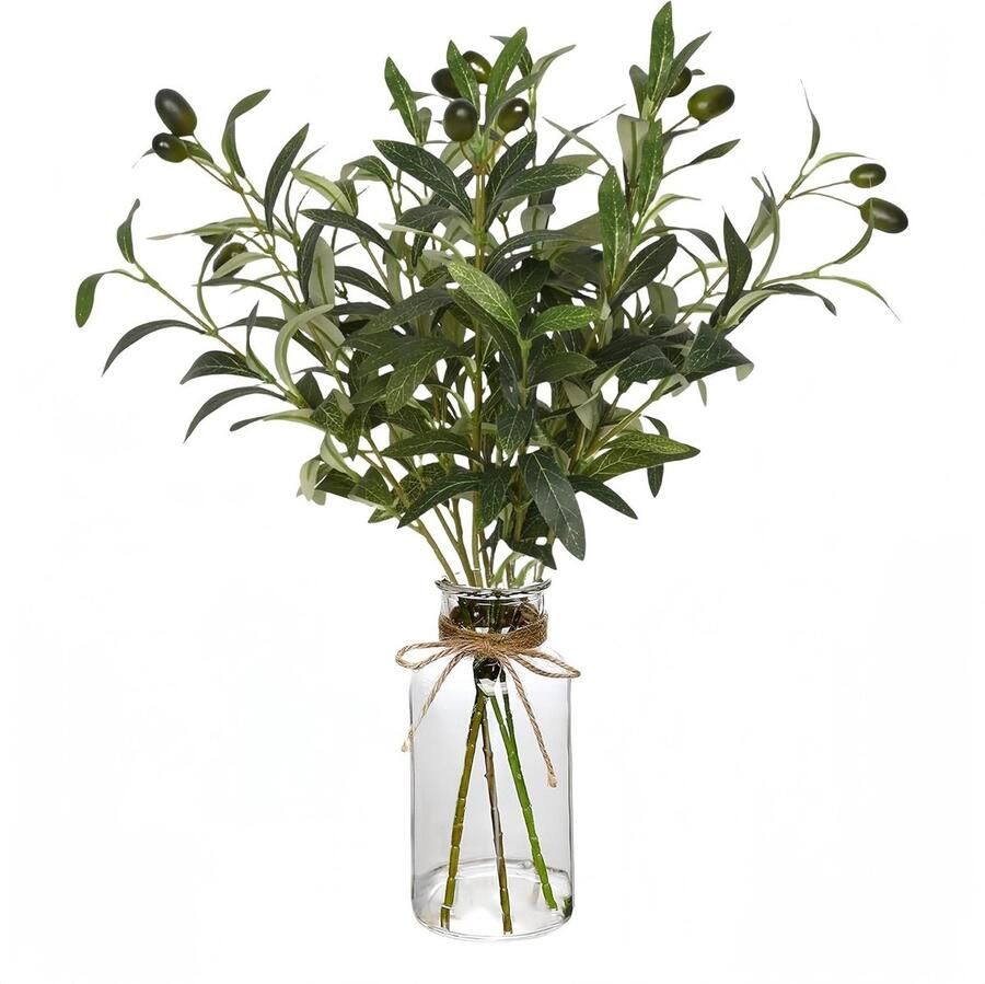 Allecto Plus Kunstmatige olijf takken in glazen vaas 37 cm Groen decor faux eucalyptus stammen Woondecoratie & bruiloftsdecor Tafel centerpiece voor thuis en kantoor