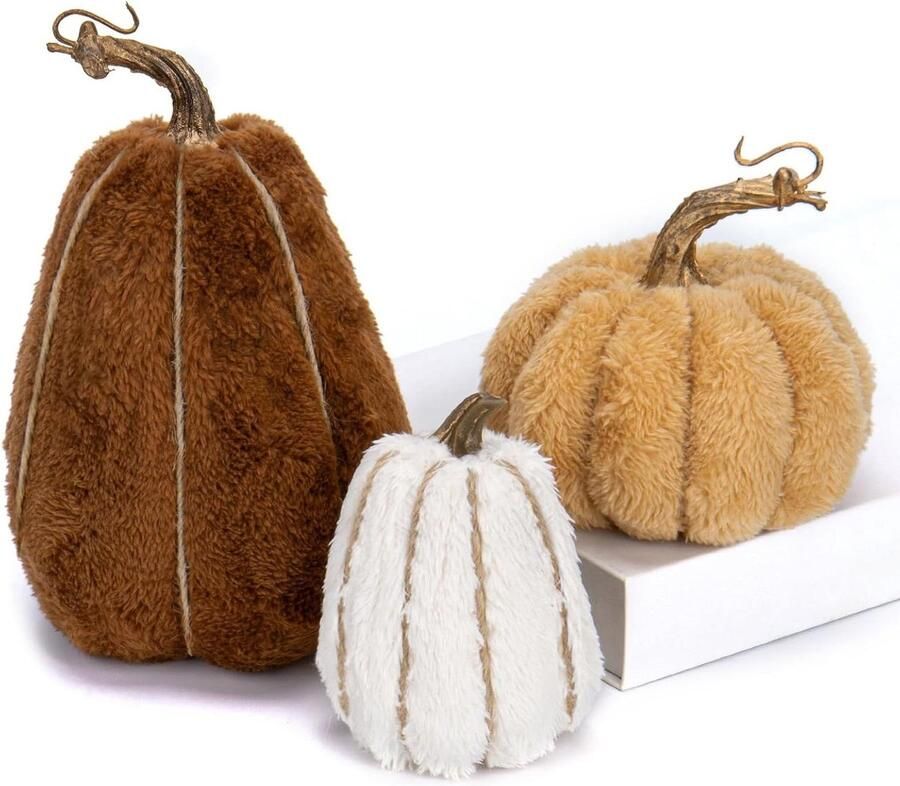 Allecto Plus Kunstmatige Pompoenen Set van 3 Stuks Herfst Decoratie voor Tafel Velours en Pluche Materialen Halloween en Thanksgiving Thuisfeest Decor