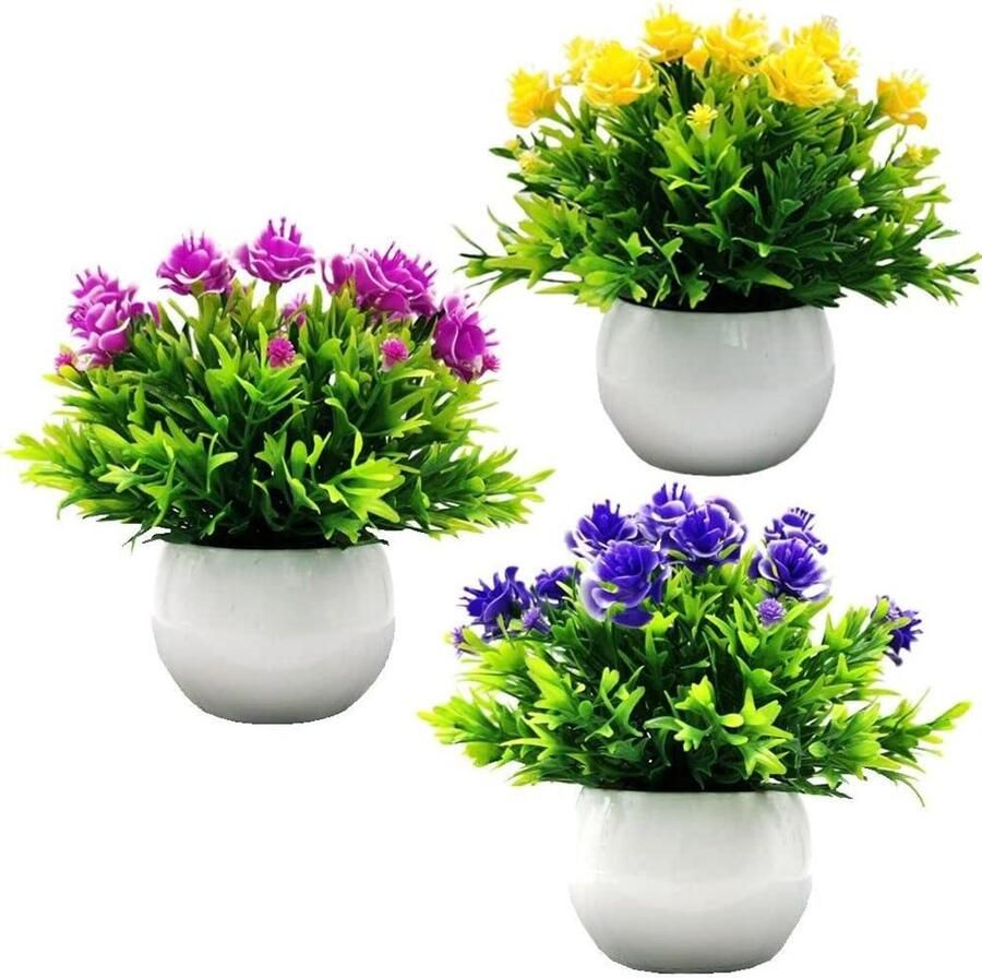 Allecto plus Kunstplanten in Potten Set van 3 Mini Nep Planten voor Binnen Decoratieve Kunstplanten voor Thuis Kantoor Tafel Bureau en Badkamer Plastic Nepplanten Groene Potplanten Binnenhuis Decoratie