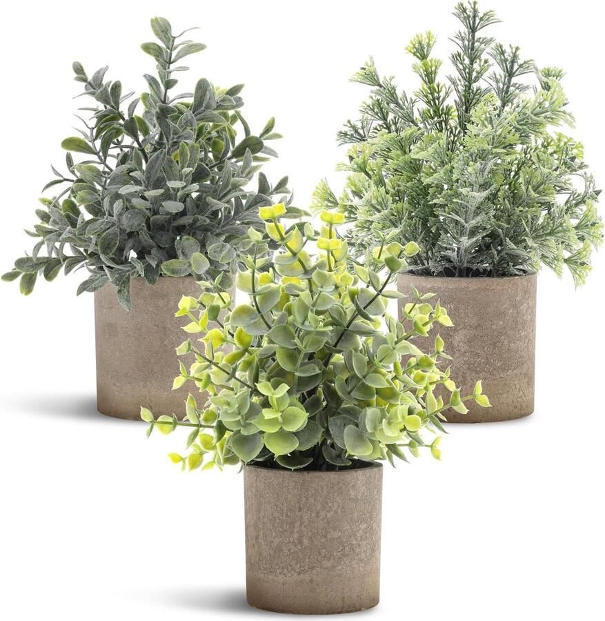 Allecto Plus Kunstplanten Set van 3 Stuks voor Thuisdecoratie Kunststof Eucalyptus Planten Realistisch en Groen Tafel en Kast Decoratie