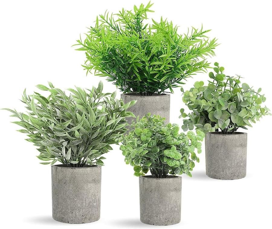 Allecto Plus Kunstplanten Set van 4 in Betonnen Potten Plastic Nepgroen Mini-kunstplanten voor Kantoor en Slaapkamer Woondecoratie met Pot Tafel en Bureau Decoratie