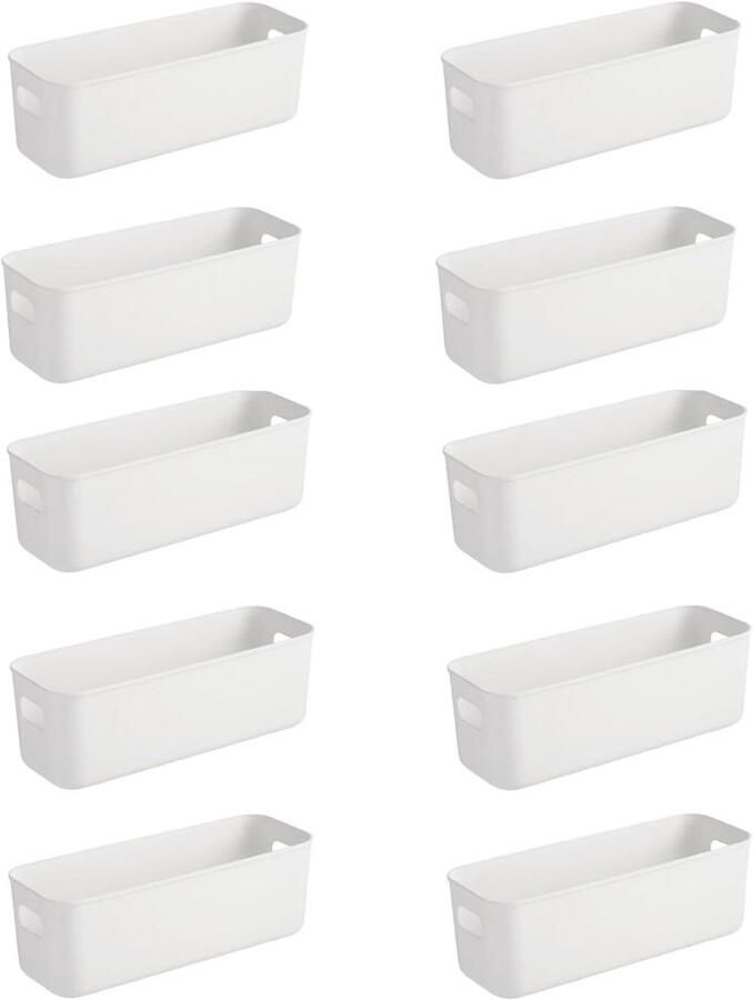 Allecto plus Kunststof opbergdozen 10 stuks organizer opbergmand 25 x 8 x 9 cm wit met handgrepen voor keuken badkamer kantoor en slaapkamer