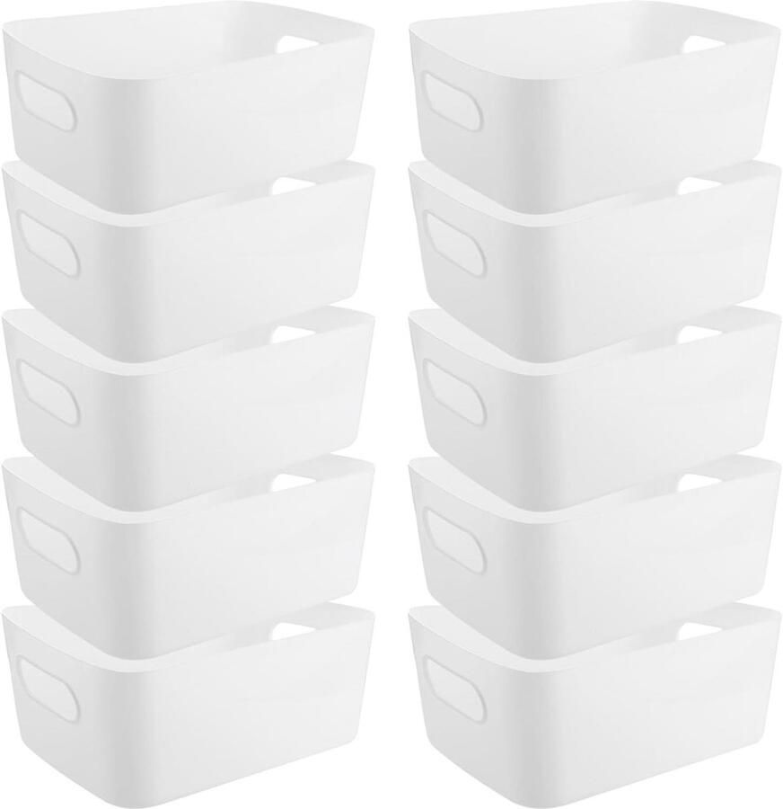 Allecto Plus Kunststof Opbergdozen Opbergorganizer voor Keuken en Badkamer Stapelbare Manden 10 stuks Wit 25 x 16 x 10 cm Met Handgrepen Dozen voor Opslag Kast en Kantoor Cosmetica Storage Handige Organizer