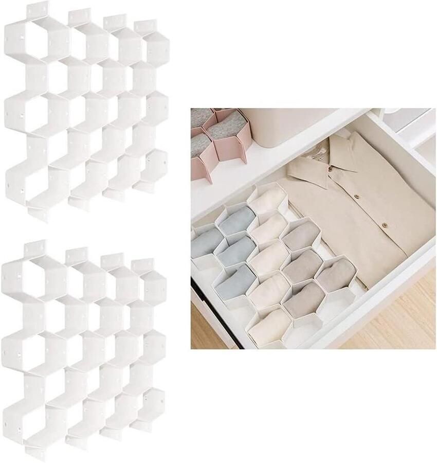 Allecto Plus Kunststof opbergverdeler voor riemen stropdassen sokken en ondergoed 18 compartimenten Wit 2 stuks