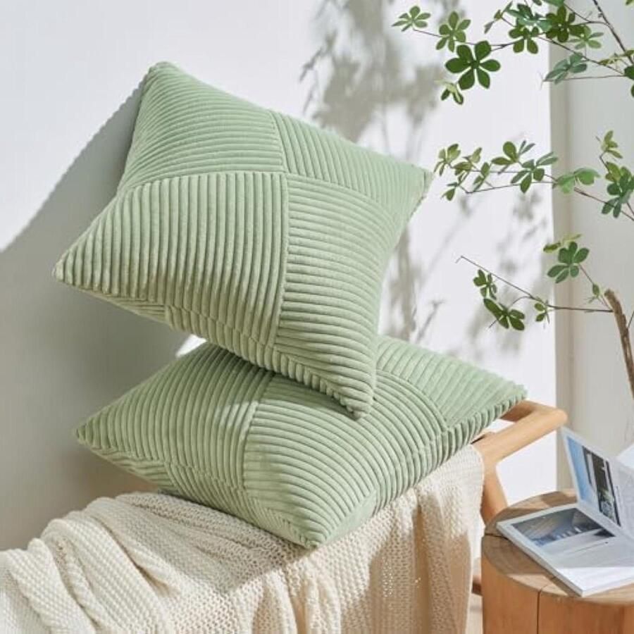 Allecto Plus Kussenhoes 60x60 Groen Kordsatijn 2er Set Windmolen Strepen Patroon Grote Kussenhoezen Decoratief Kussen Patchwork Design Woonkamer Slaapkamer Bank