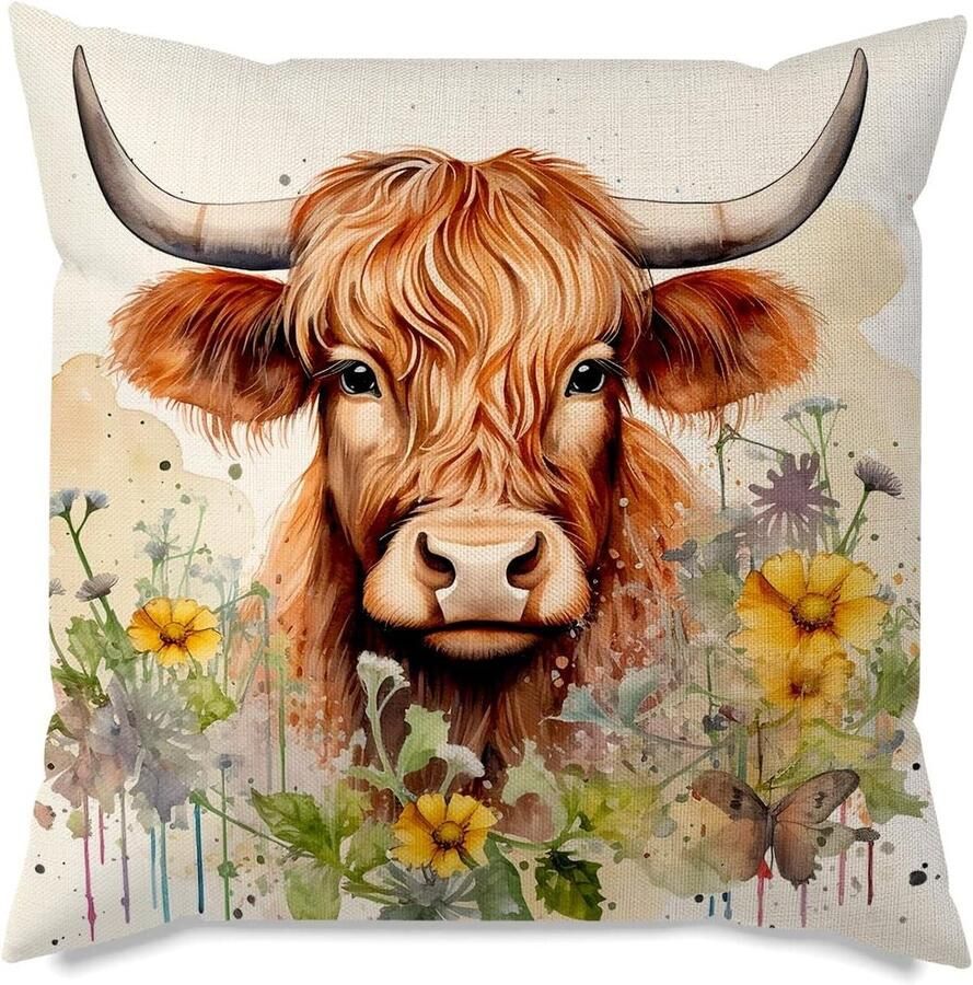 Allecto Plus Kussenhoes Highland Cow 45x45 cm Schots Bloemenmotief Woondecoratie Bank Woonkamer Buitencadeau Vrouwen
