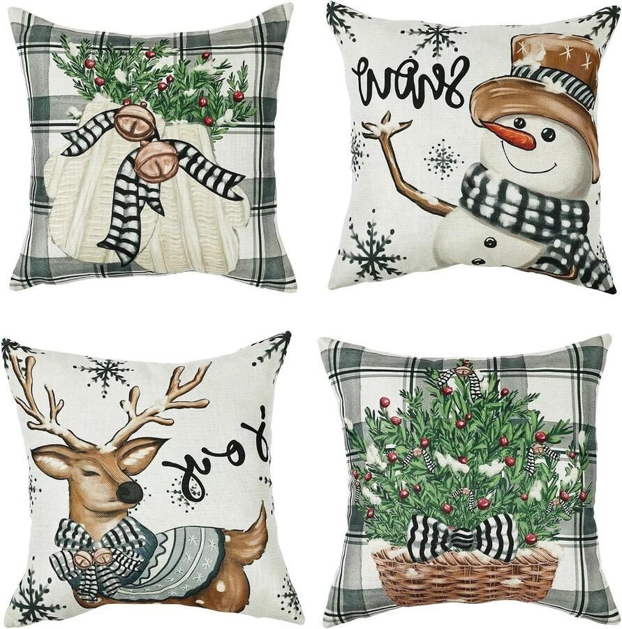 Allecto Plus Kussenhoes Kerst Sneeuwpop Rendier Kerstdecoratie Linnen Kussenslopen 40 x 40 cm Grijs Ruitpatroon Geschikt voor Slaapkamer Bank Woonkamer Kantoor Set van 4