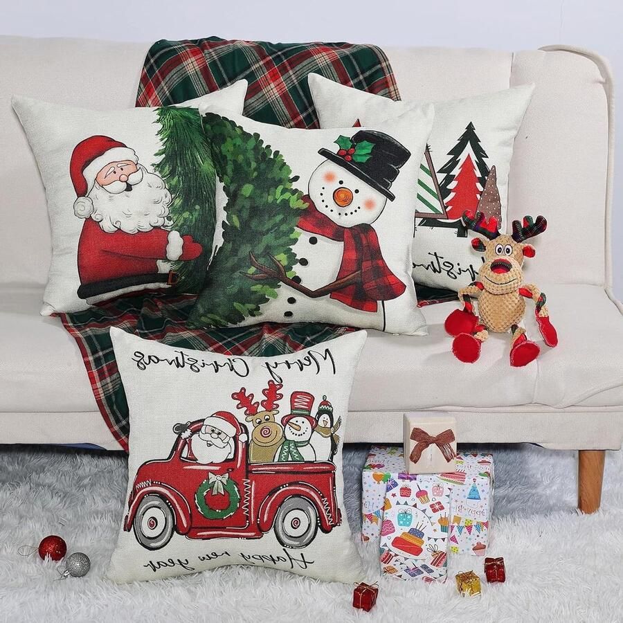 Allecto Plus Kussenhoesjes voor kerstdecoratie 4 stuks 45 x 45 cm Kerstkussenhoesjes voor slaapkamer woonkamer kantoor en bank (Rood wit en groen)