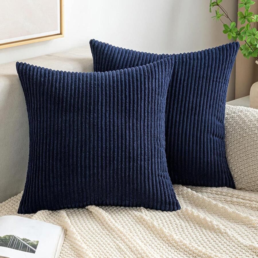 Allecto Plus Kussenhoezen van corduroy vierkant gestreept voor thuis Set van 2 40 x 40 cm Marineblauw Decoratieve kussenhoezen voor bank en slaapkamer
