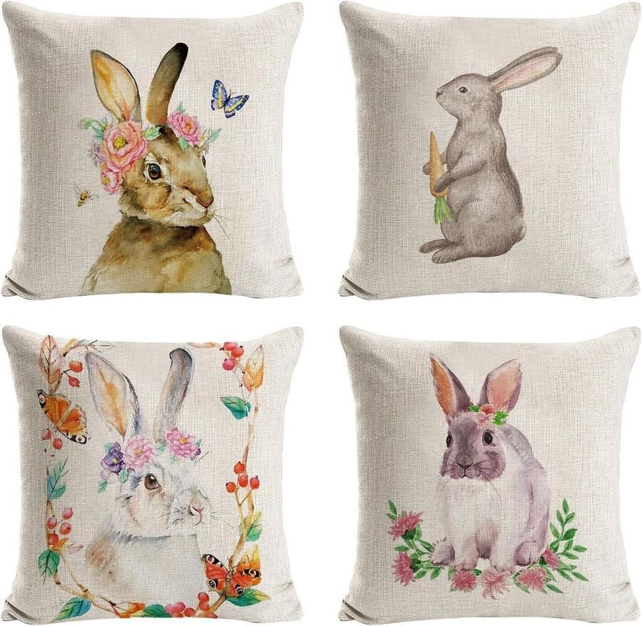 Allecto Plus Kussenovertrekken Pasen 4 stuks paashaas linnen voor thuis bank tuin slaapkamer 45 x 45 cm