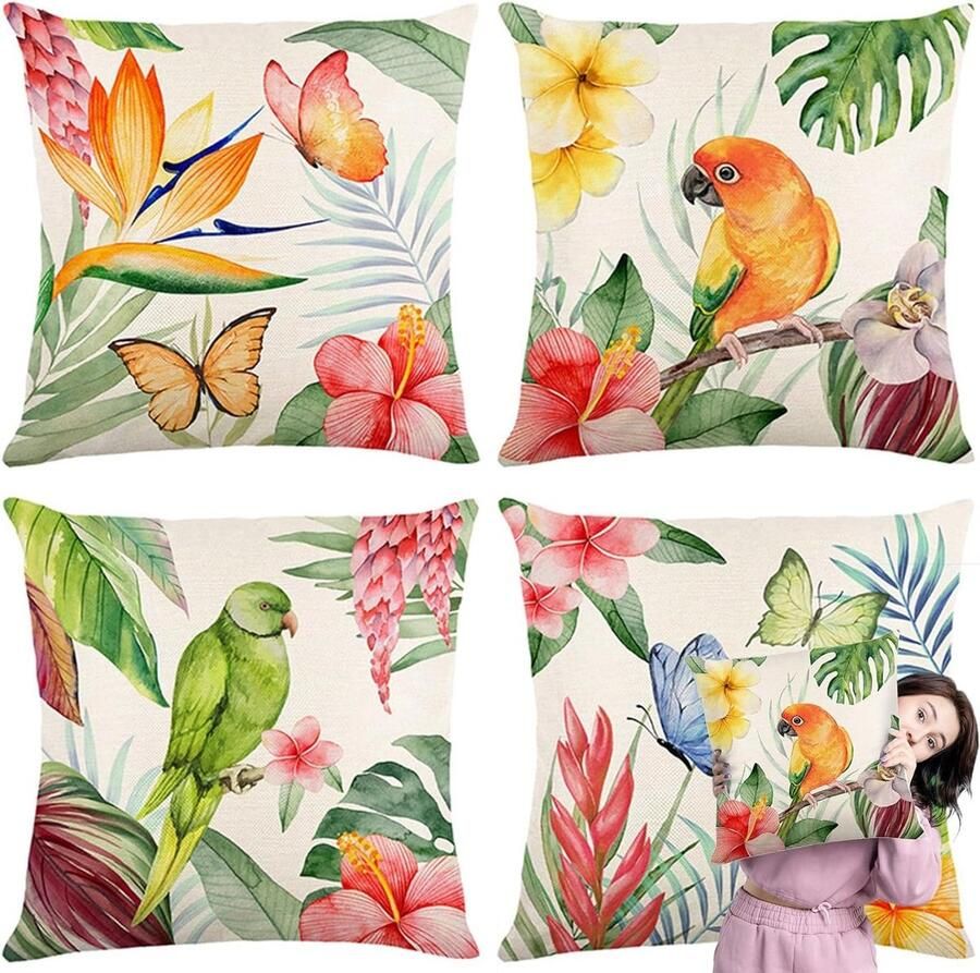 Allecto Plus Kussensloffen met Tropische Bloemen Buiten Decoratie 45 x 45 cm Polyester Linnen Bank Tuin Terras Decoratieve Kussenhoezen