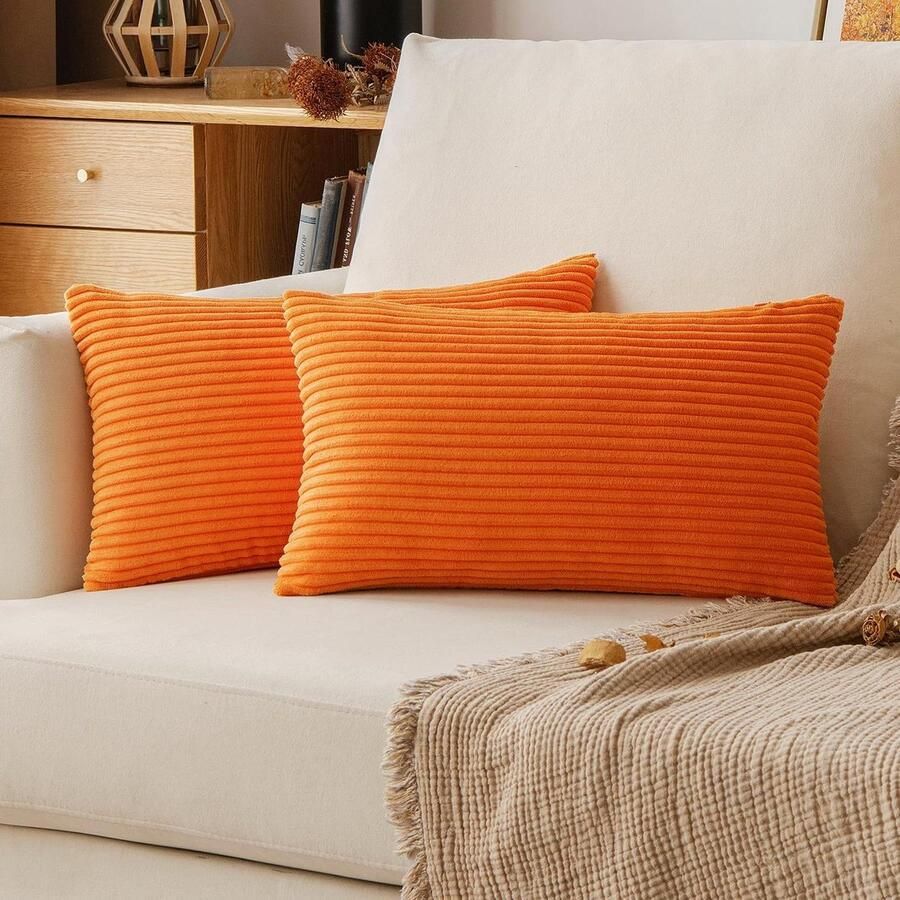 Allecto Plus Kussensloop Herfst ribfluweel sierkussen sofakussen corduroy decoratief zacht sierkussenovertrek bank stoel slaapkamer 30 x 50 cm oranje