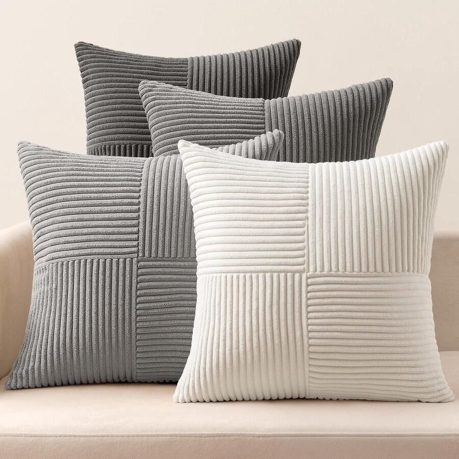 Allecto Plus Kussensloop Ribfluweel Set van 4 Patchwork Kussenhoezen 45x45 cm Sierkussensloop Corduroy Decoratieve Kussens Grijs Thuis Slaapkamer Bank Stoel