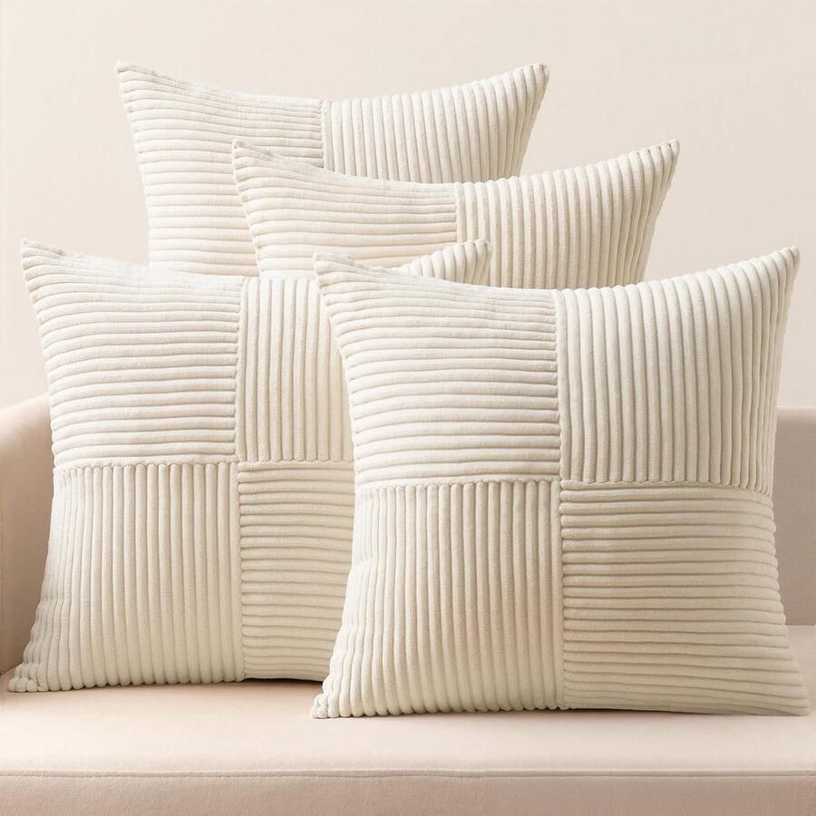 Allecto Plus Kussensloop Ribfluweel Set van 4 Patchwork Kussenhoezen 50 x 50 cm Sierkussensloop Corduroy Decoratieve Kussens Voor Bank Stoel Thuis Slaapkamer Beige Comfortabele Kussenovertrekken